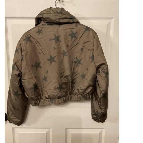 Joujou Cropped Olive Green Stars Orange Lining Puffer Coat Jacket, M - Picture 5 of 5